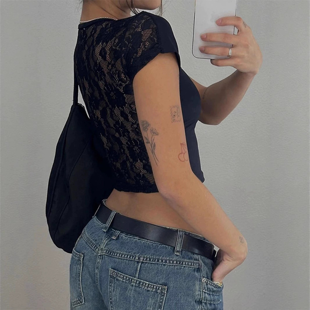 Zara Solid Color Round Neck Lace Hollow Short Sleeve Crop Top Slim Fit Casual
